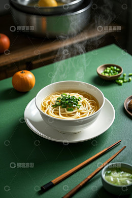 绿色桌面上的一碗葱花面条