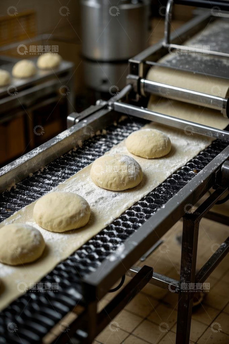 高清大图下载【趣麦麦图】面包店面团传送机上的面团