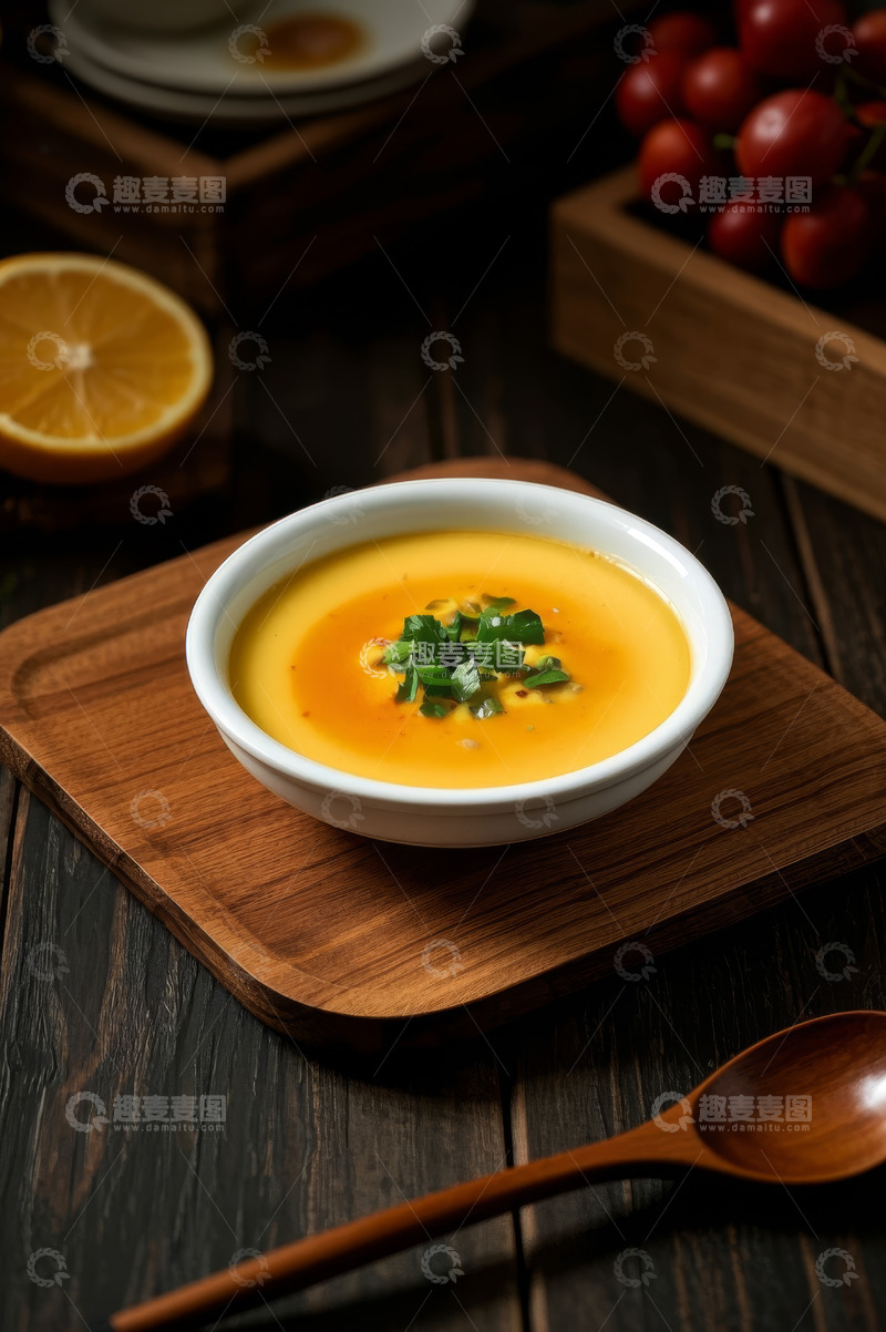 高清大图下载【趣麦麦图】木盘上的一碗美味蒸蛋