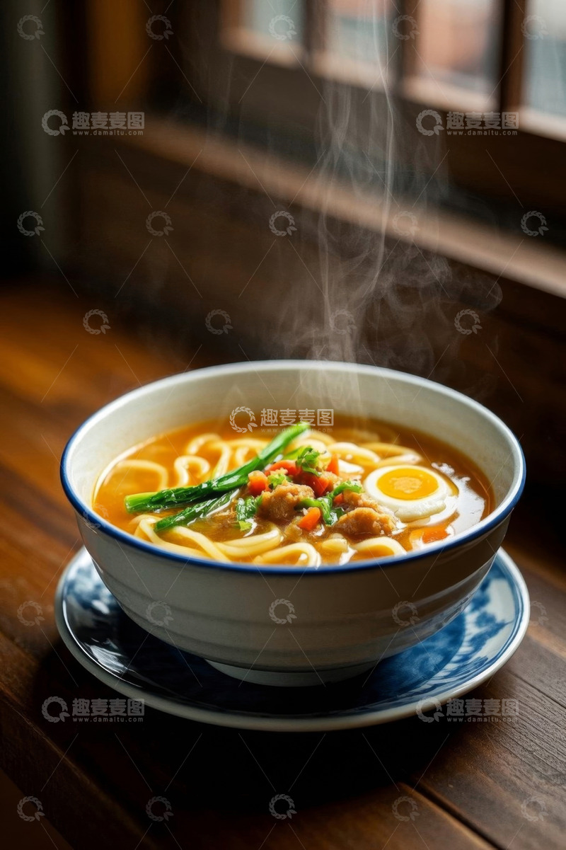 高清大图下载【趣麦麦图】木桌上热气腾腾的一碗面条