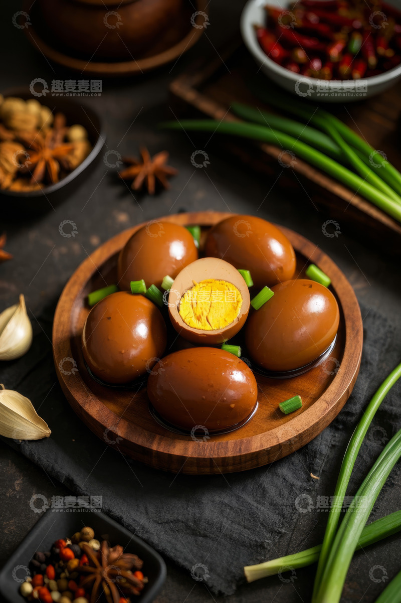 高清大图下载【趣麦麦图】木盘装卤蛋及周边香料