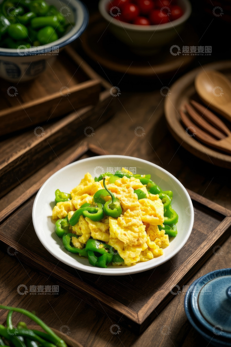 高清大图下载【趣麦麦图】木盘上的青椒炒鸡蛋美食