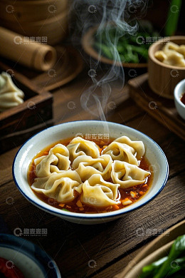 木桌上热汤馄饨美食素材
