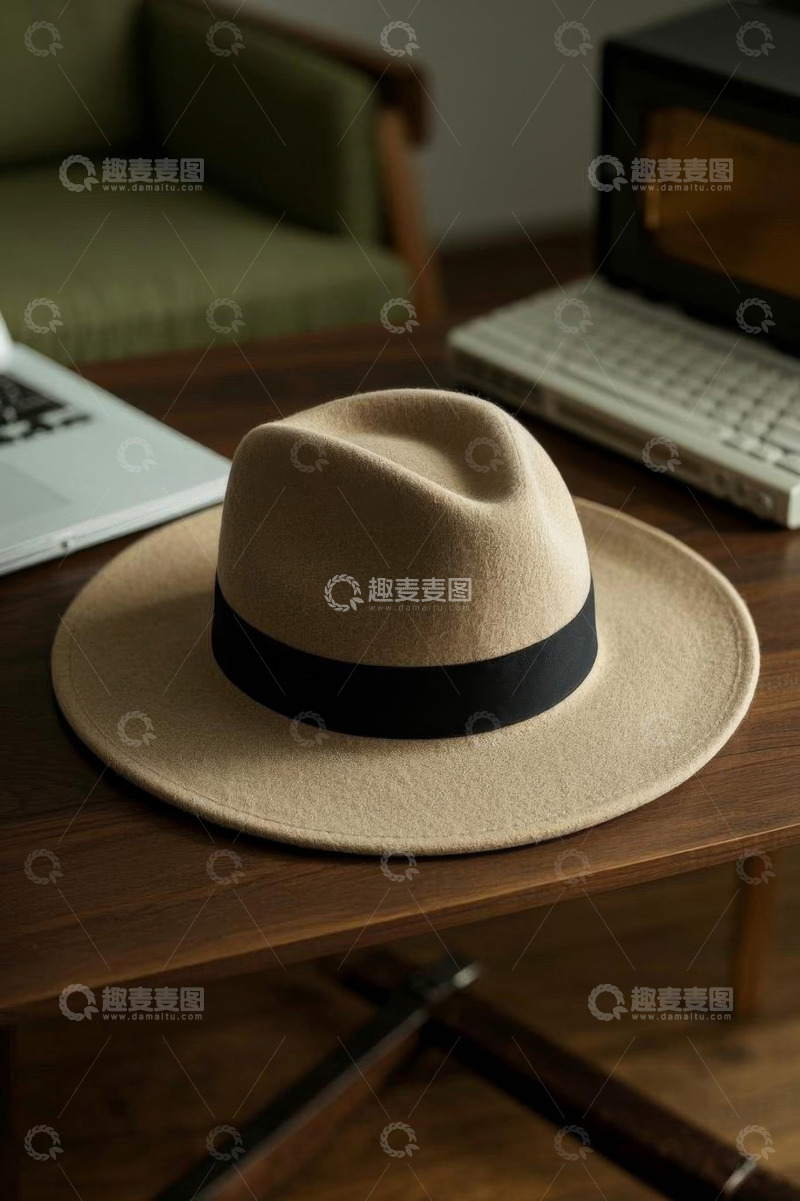 高清大图下载【趣麦麦图】木桌上的时尚米色帽子静物