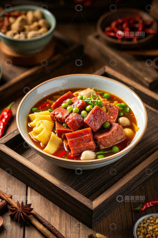 木盘盛牛肉美食特写