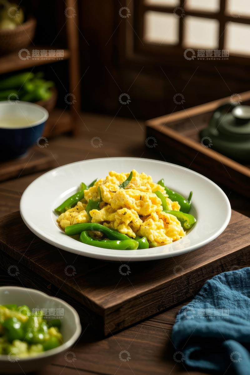 高清大图下载【趣麦麦图】中式餐桌上的青椒炒鸡蛋