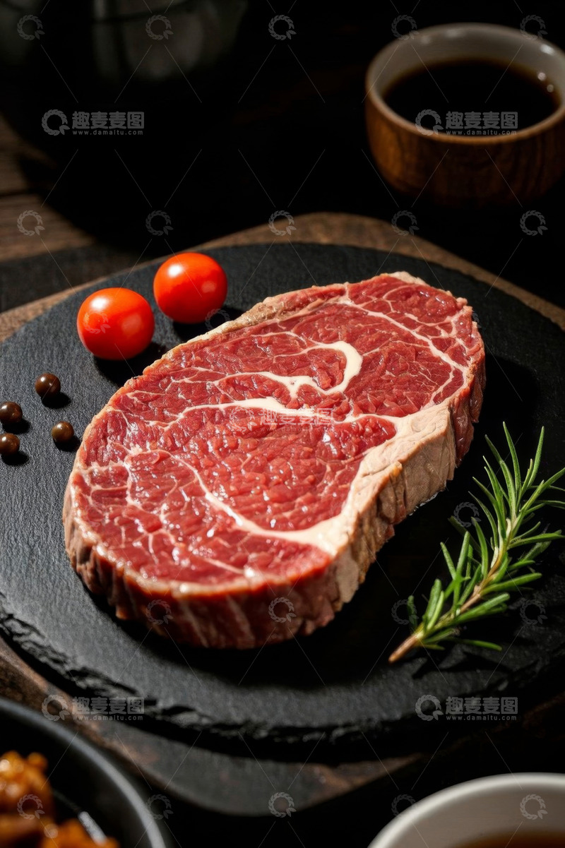 高清大图下载【趣麦麦图】石板上摆放的新鲜牛排食材