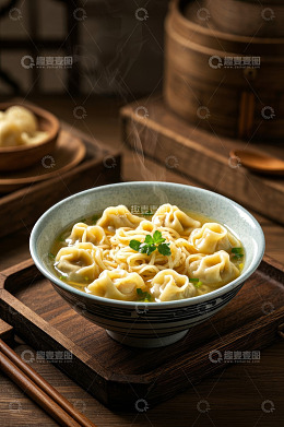 碗装馄饨搭配绿色香菜