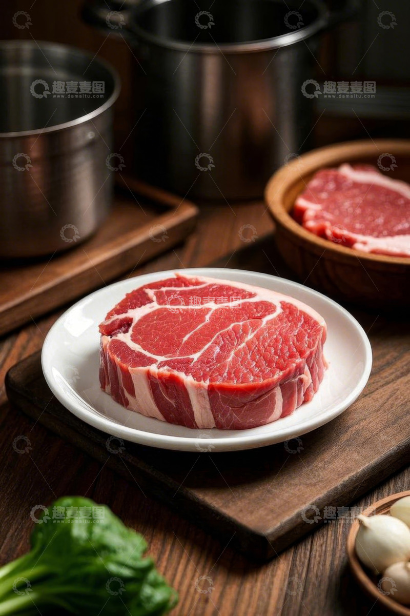 高清大图下载【趣麦麦图】盘中新鲜牛排及厨房食材