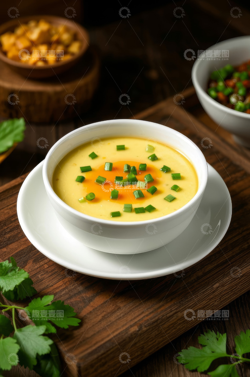 高清大图下载【趣麦麦图】木盘上的葱花鸡蛋羹美食