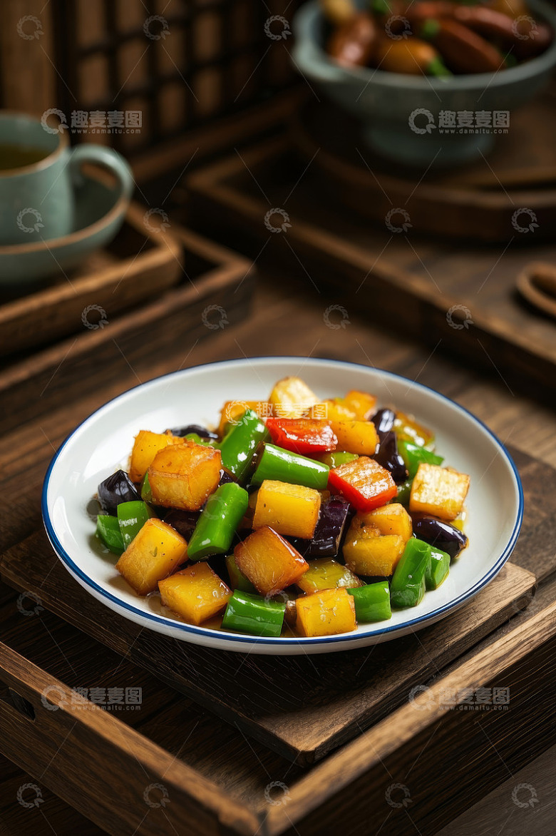 中式木桌上的多彩家常炒菜