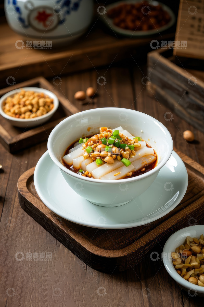 高清大图下载【趣麦麦图】木桌摆放大碗特色凉拌凉粉