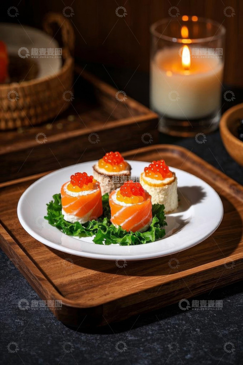 高清大图下载【趣麦麦图】三文鱼鱼子酱寿司摆盘美食
