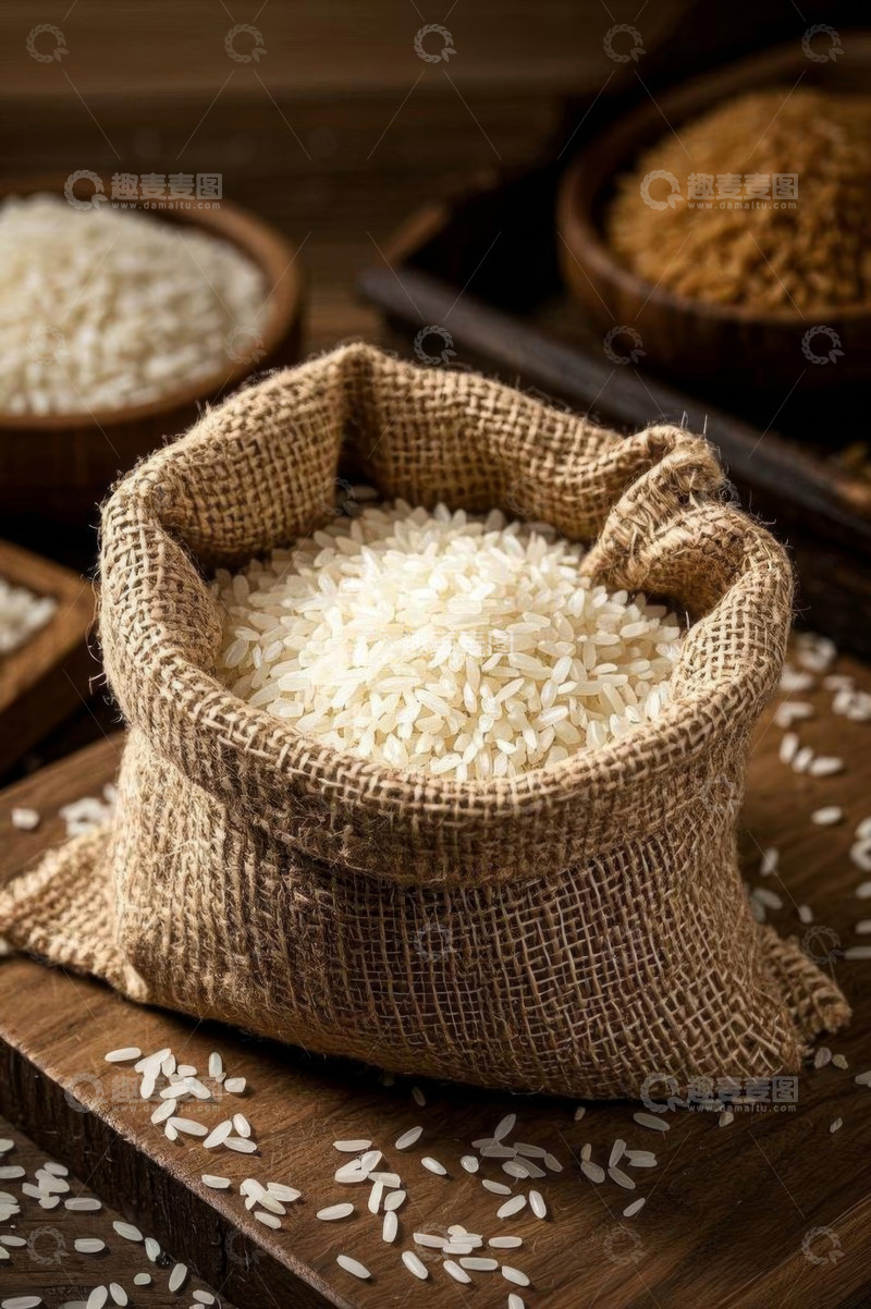 高清大图下载【趣麦麦图】麻袋与木碗装盛的大米素材