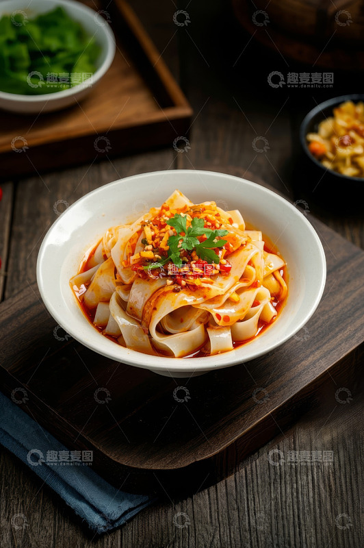 木盘上的红油凉皮美食