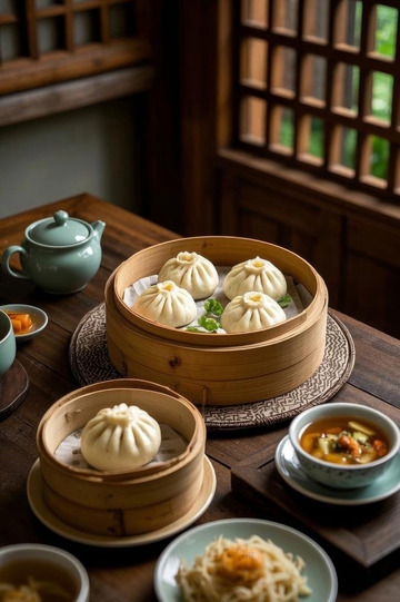 中式餐厅内的包子及中式餐点