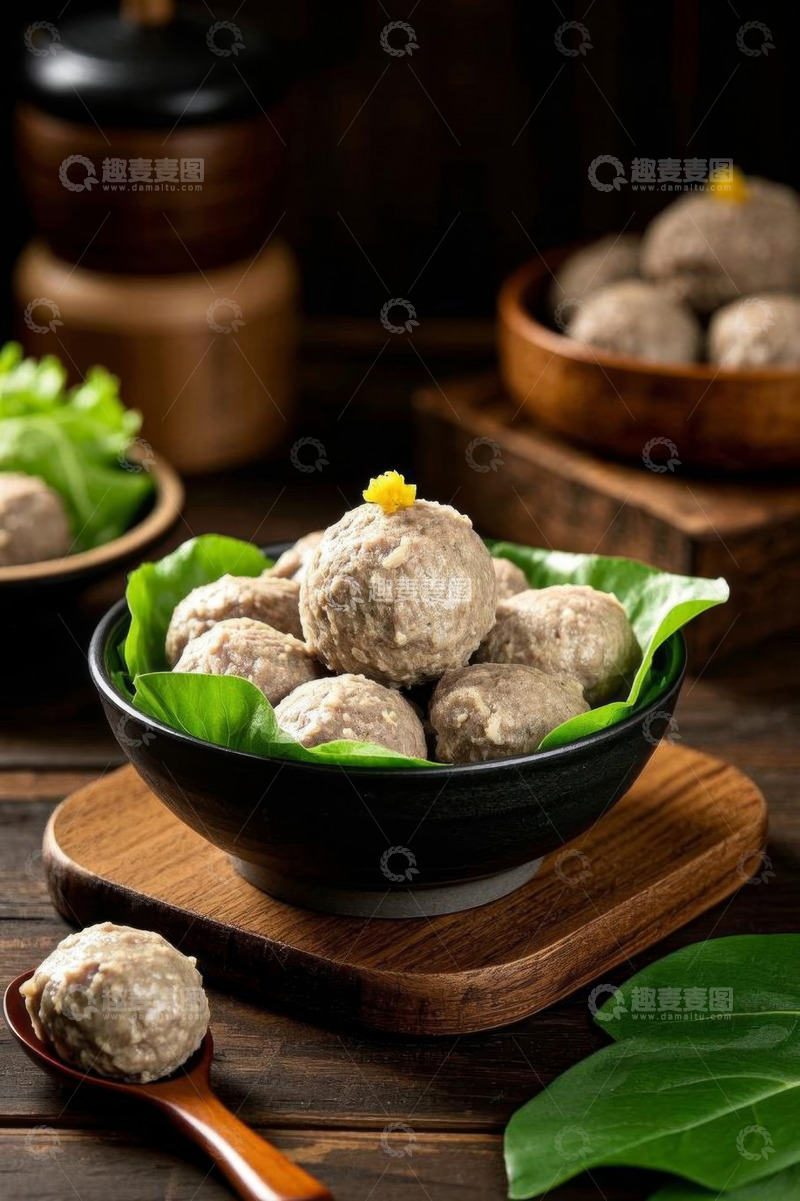 高清大图下载【趣麦麦图】碗装肉丸配绿叶摆拍
