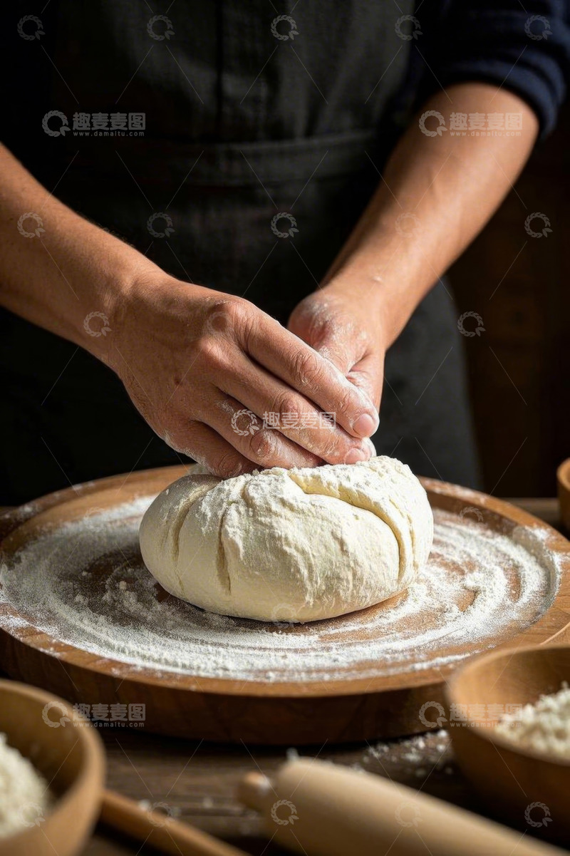 高清大图下载【趣麦麦图】厨师在厨房揉制面团