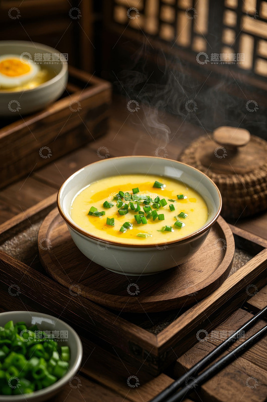 中式木盘上的葱花蒸蛋美食