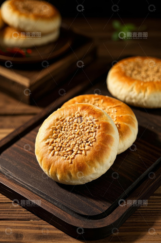 木盘上摆放的芝麻烧饼
