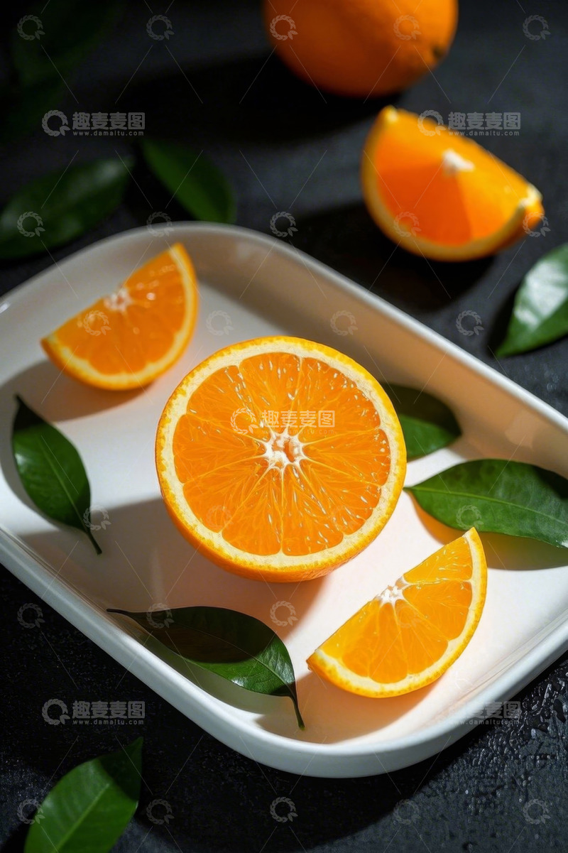 高清大图下载【趣麦麦图】白色托盘上摆放的新鲜橙子
