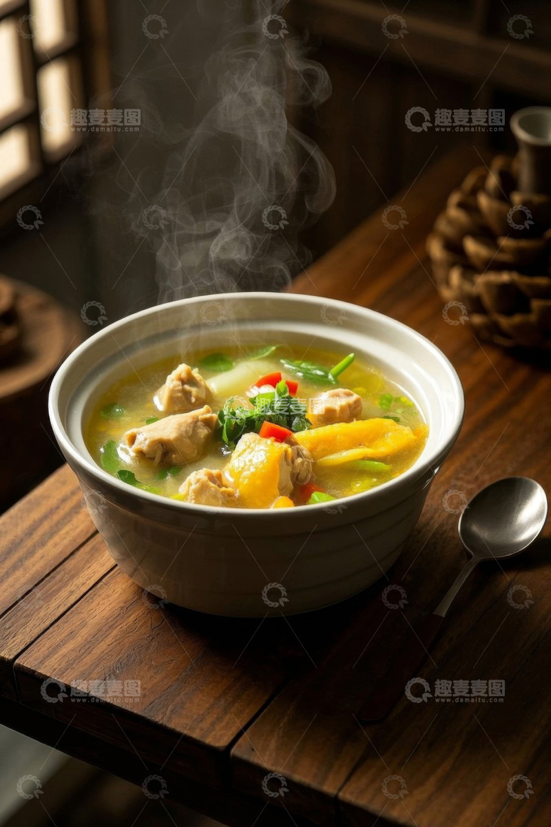 高清大图下载【趣麦麦图】木桌上热气腾腾的美味鸡汤