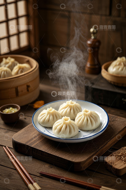 中式蒸笼里的热气腾腾小笼包