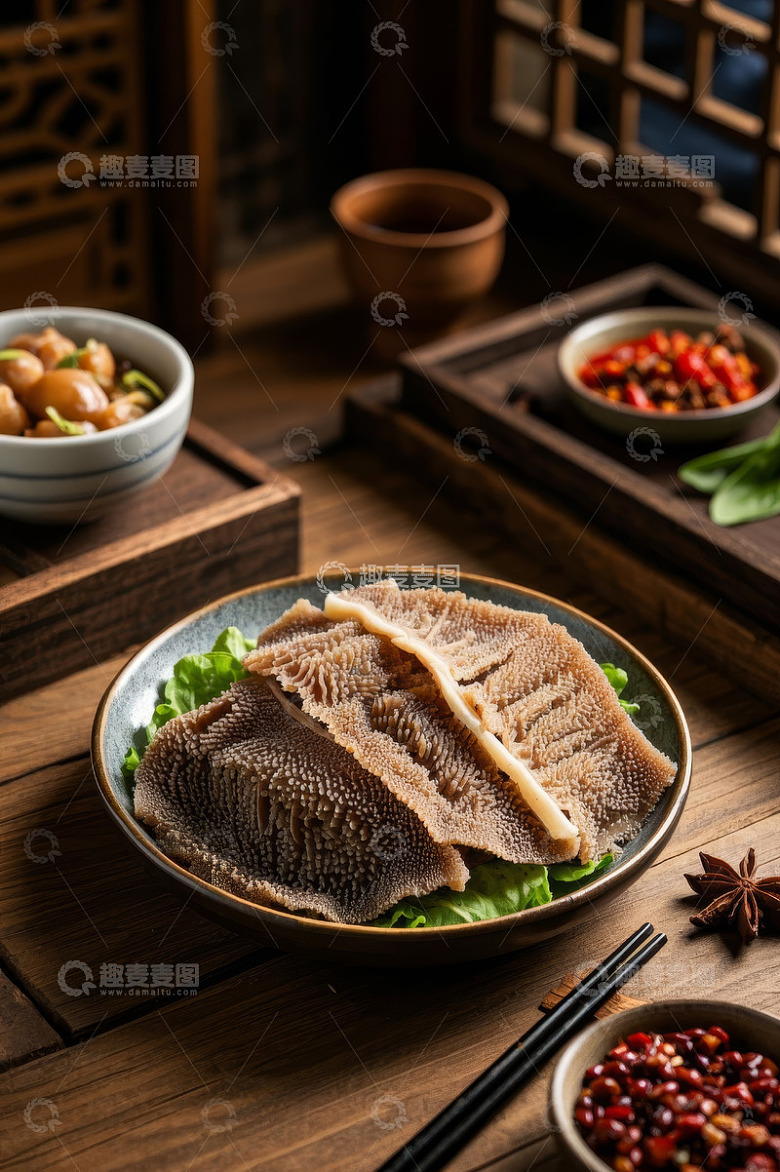 木桌上摆放的火锅食材毛肚