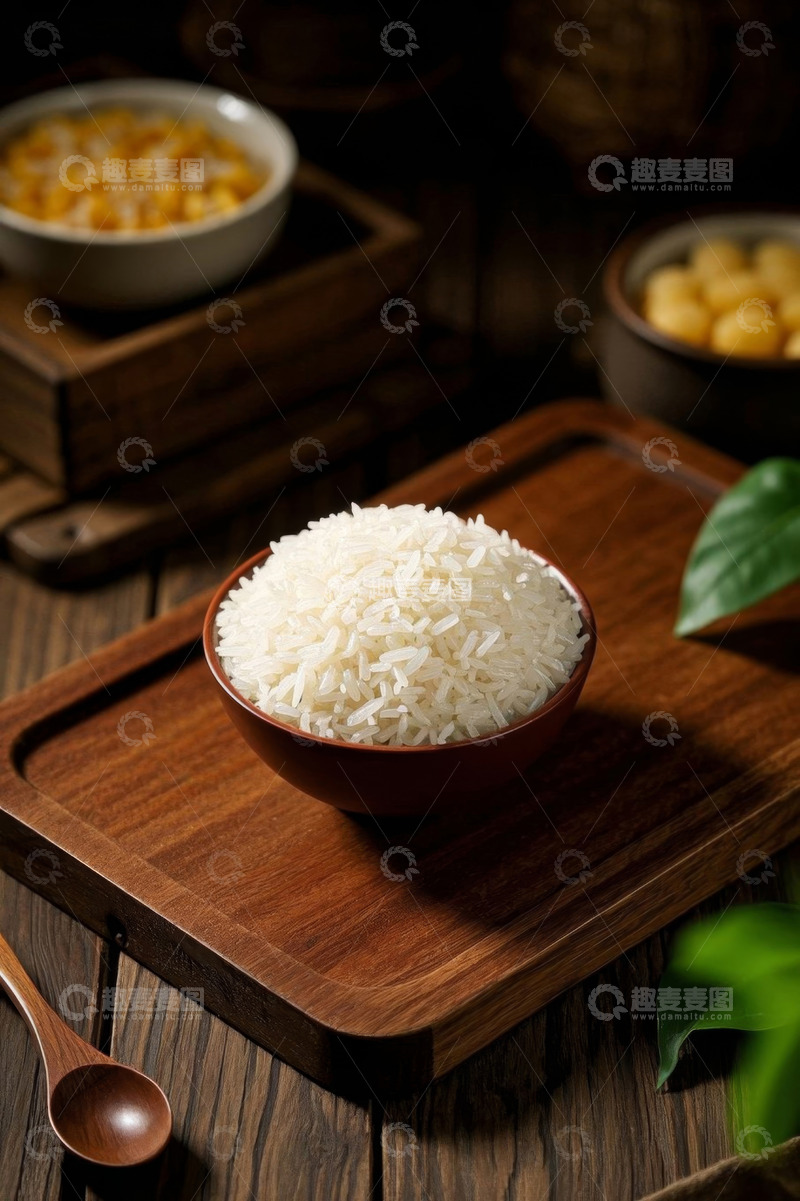 高清大图下载【趣麦麦图】木盘上盛满白米饭的碗