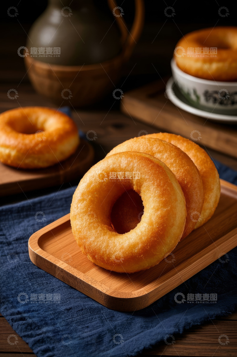 高清大图下载【趣麦麦图】木制托盘上摆放的美味甜甜圈
