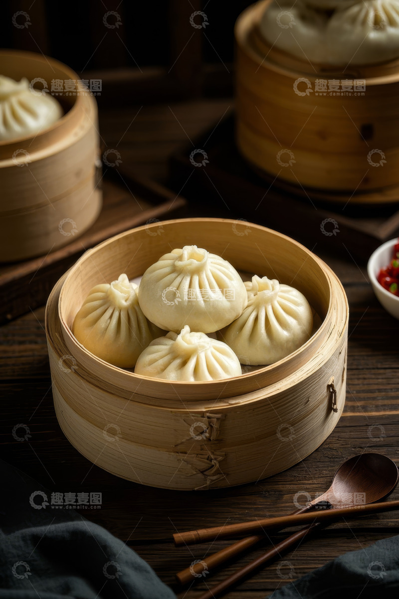 高清大图下载【趣麦麦图】竹制蒸笼里的美味包子