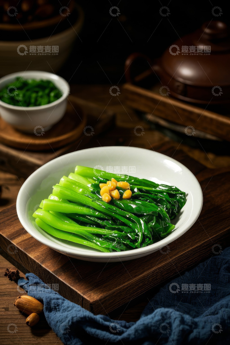高清大图下载【趣麦麦图】盘中清炒青菜配玉米粒