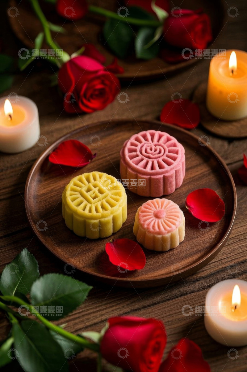 高清大图下载【趣麦麦图】木盘上的精致月饼与玫瑰