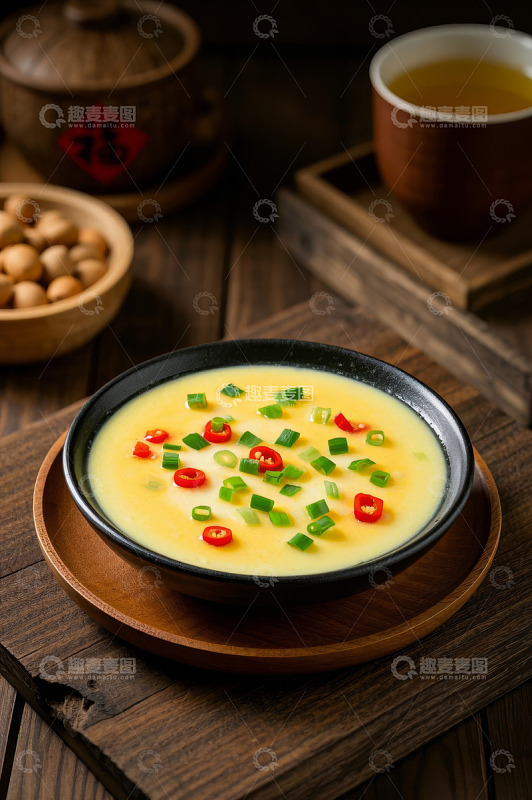 木桌上的一碗葱花辣椒蒸蛋