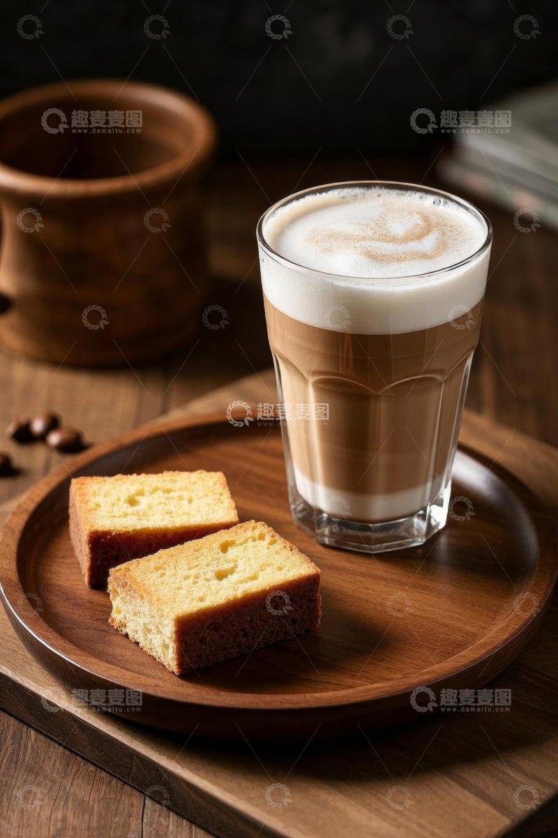 高清大图下载【趣麦麦图】木盘上的咖啡与蛋糕