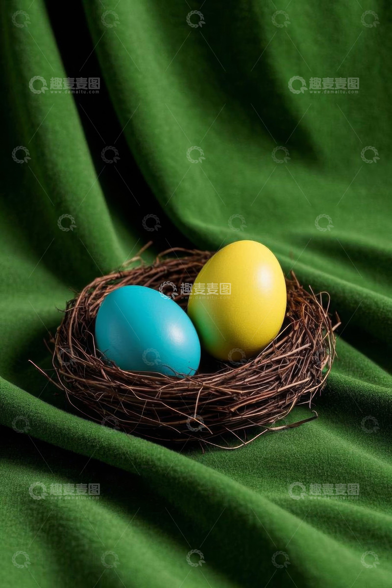 高清大图下载【趣麦麦图】绿色背景鸟巢中的复活节彩蛋