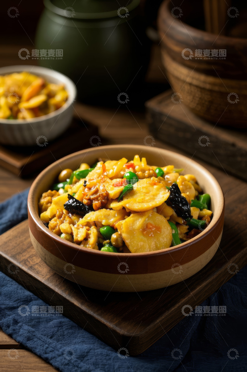 高清大图下载【趣麦麦图】木碗中的家常炒菜美食