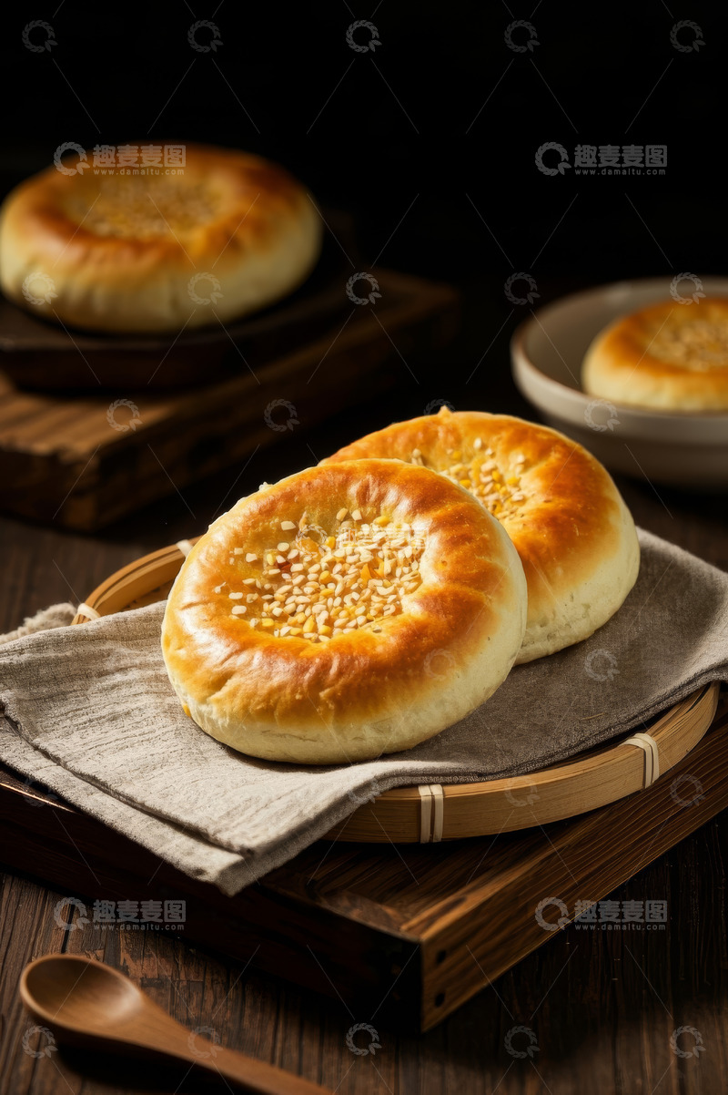 高清大图下载【趣麦麦图】木盘上的芝麻饼美食素材