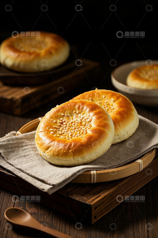 木盘上的芝麻饼美食素材
