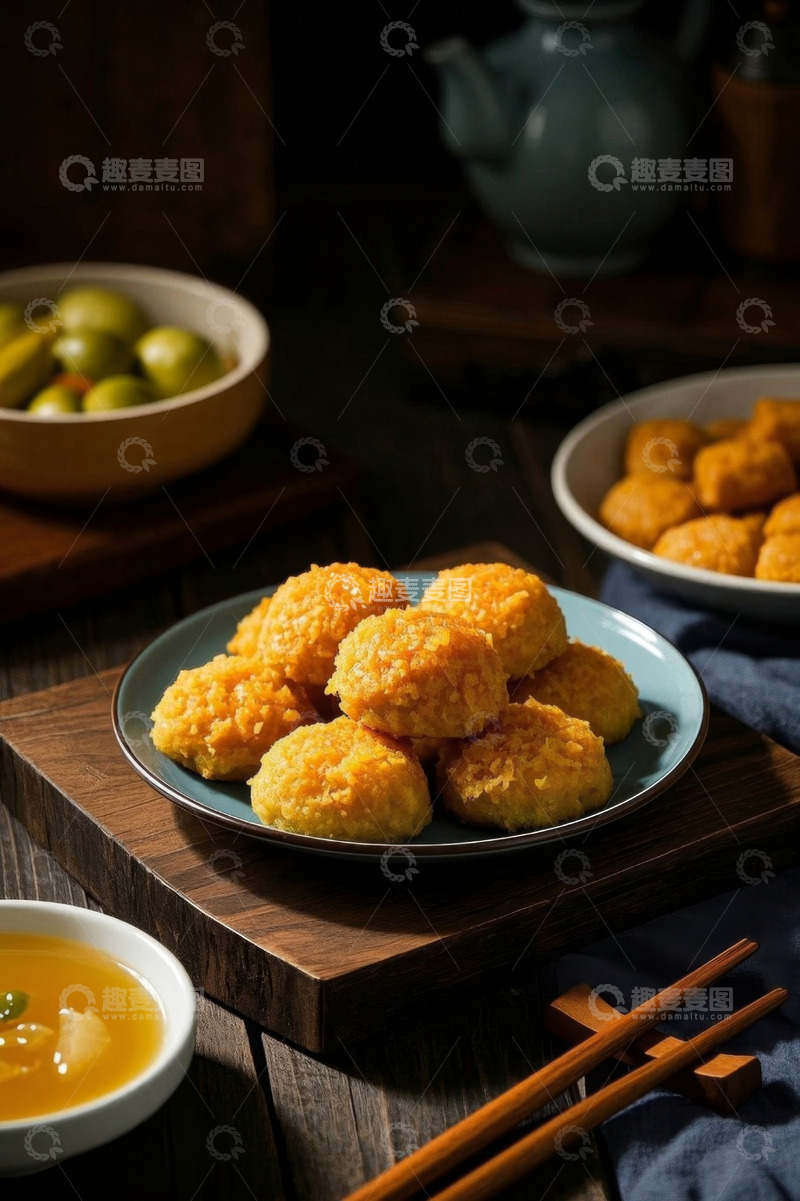 高清大图下载【趣麦麦图】木桌上摆放的油炸美食