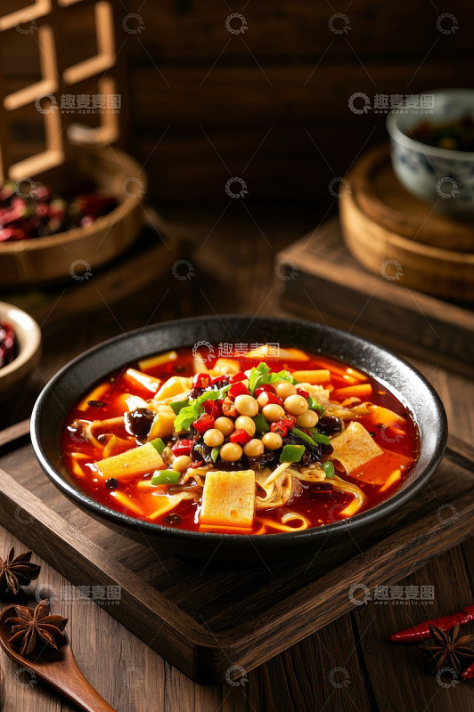 木盘上的一碗美味酸辣粉