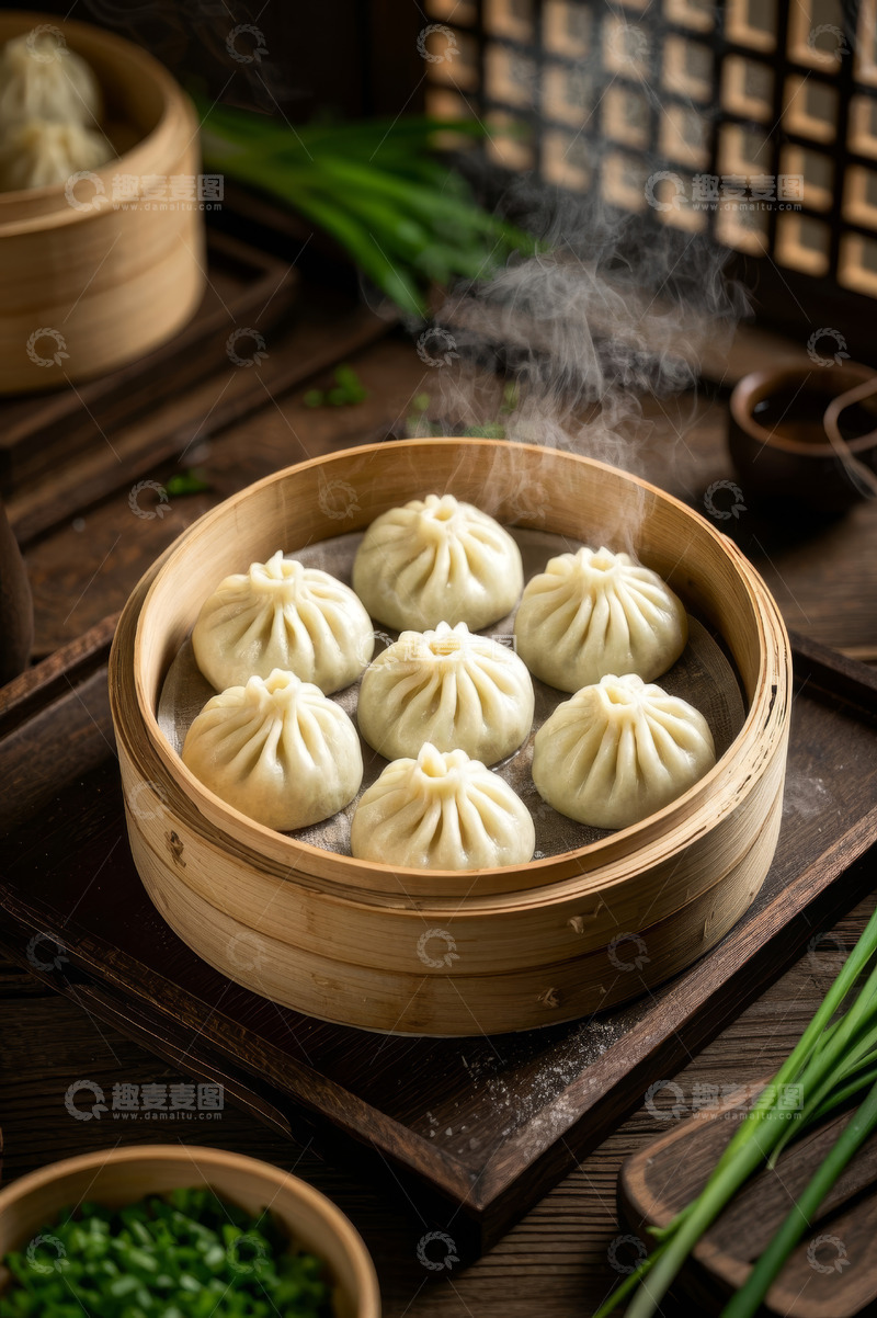 高清大图下载【趣麦麦图】竹制蒸笼里的热气腾腾小笼包