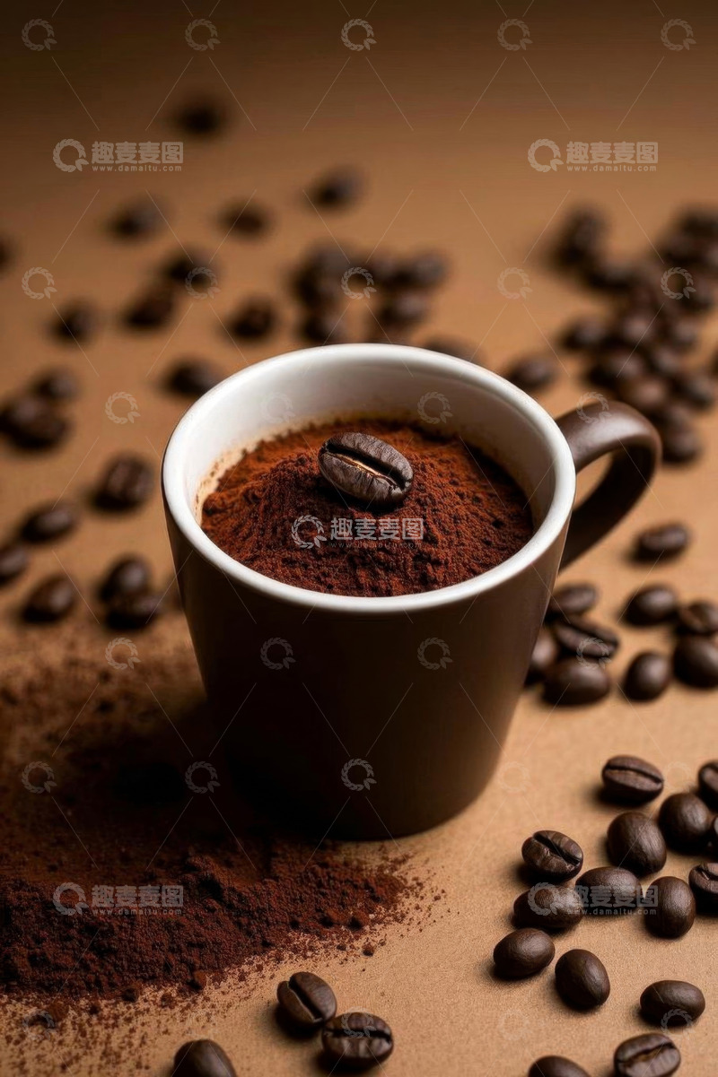 高清大图下载【趣麦麦图】咖啡杯与散落咖啡豆特写