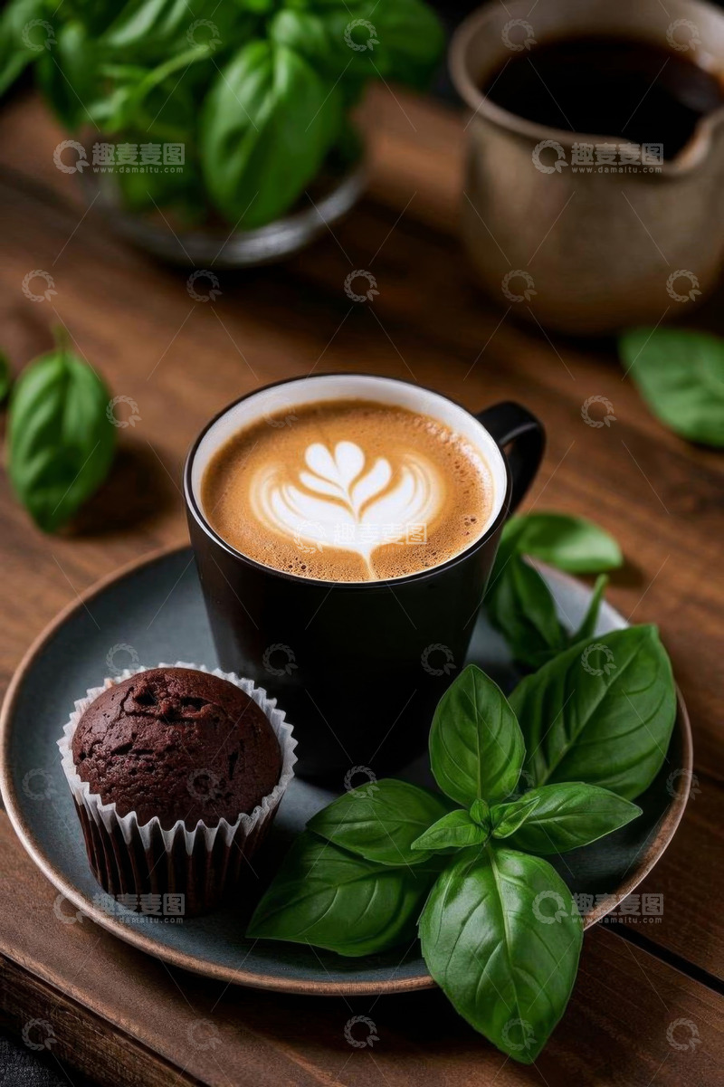 高清大图下载【趣麦麦图】木桌上的咖啡与巧克力松饼