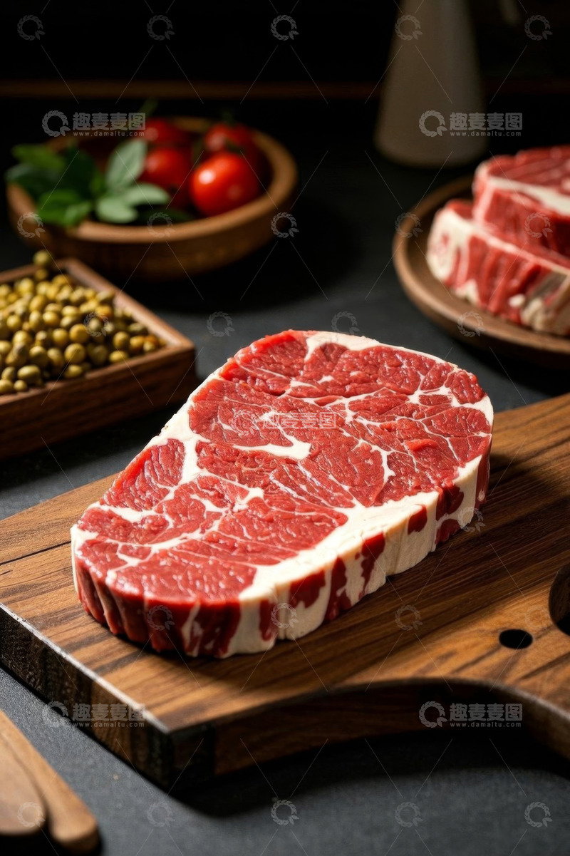 高清大图下载【趣麦麦图】砧板上的新鲜牛排食材