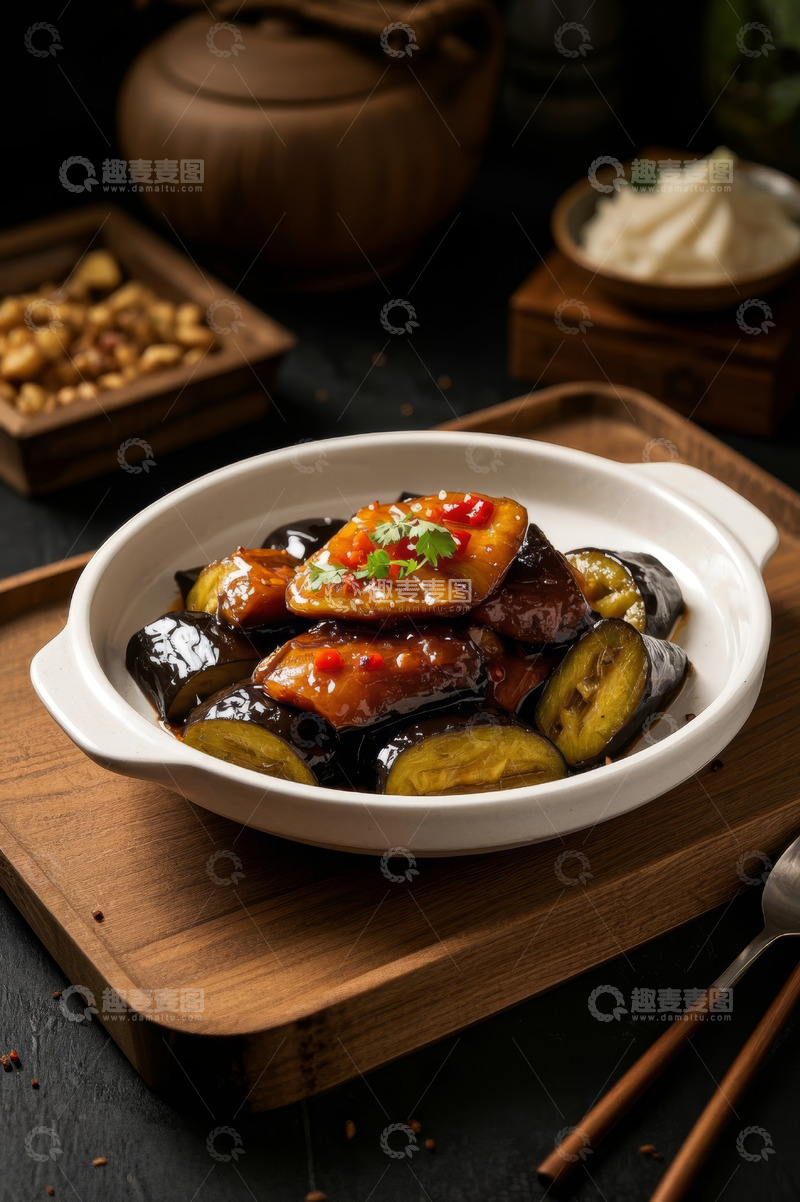 高清大图下载【趣麦麦图】盘中美味茄子炒菜特写