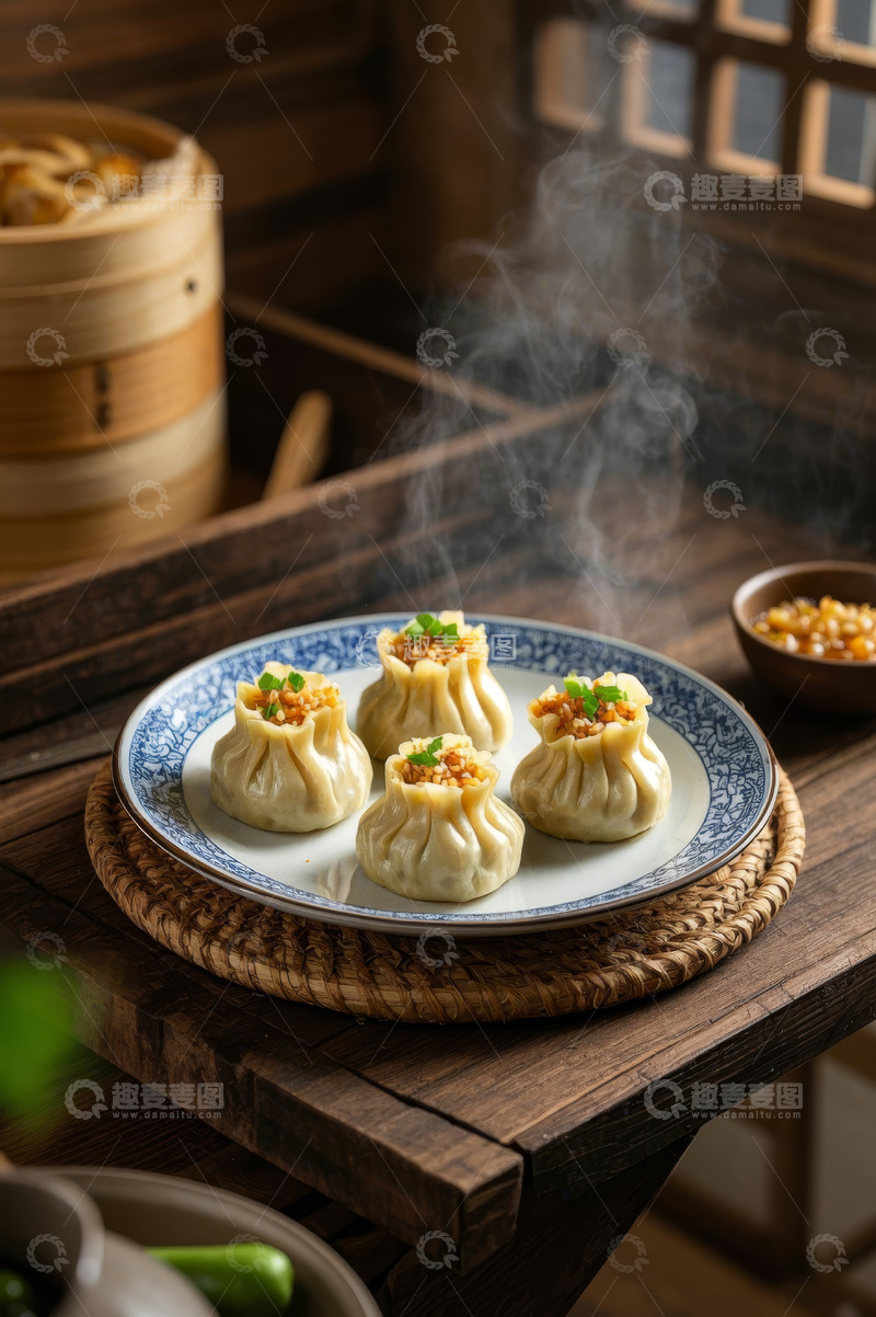 高清大图下载【趣麦麦图】中式餐桌上的美味小笼包