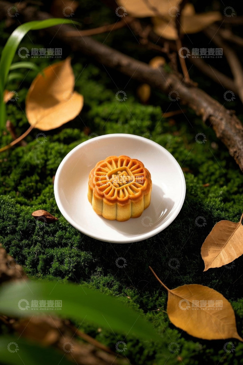 高清大图下载【趣麦麦图】草地上白盘内的中秋月饼