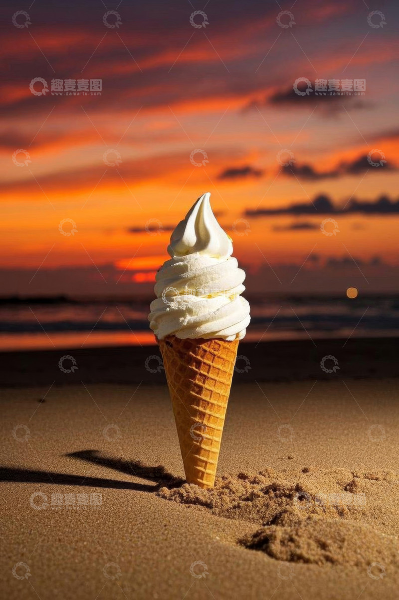 高清大图下载【趣麦麦图】沙滩上的冰淇淋与日落背景