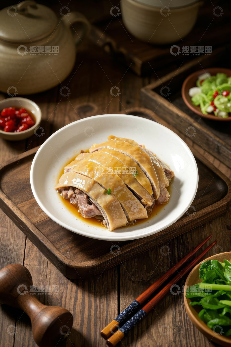 高清大图下载【趣麦麦图】木盘白盘装切好的卤味鸡肉